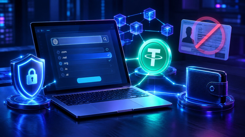 3D illustration of a private domain registration process with a laptop, USDT payment, secure digital wallet, blockchain network, and privacy shield