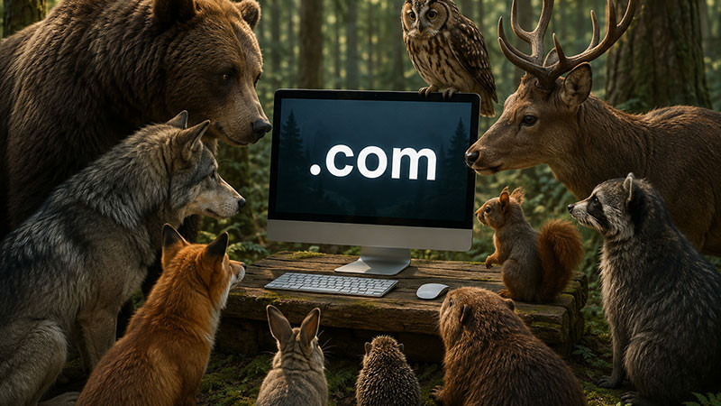 Animales en el bosque miran una pantalla de ordenador que muestra un nombre de dominio.