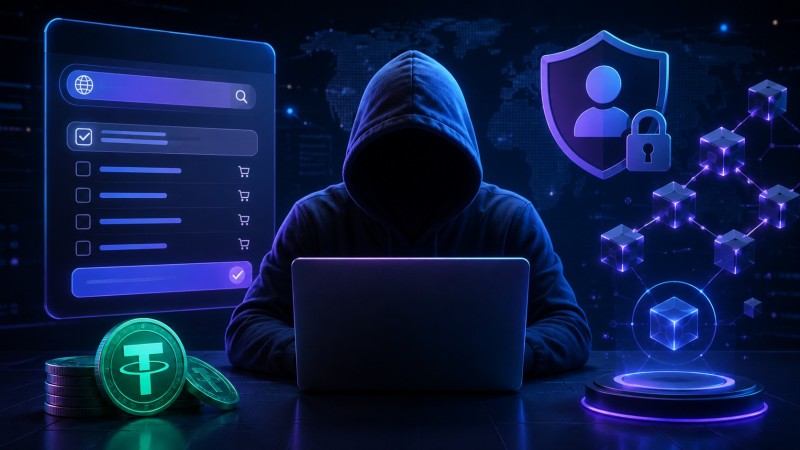 A hooded person works on a laptop surrounded by digital interfaces, blockchain elements, cryptocurrency, and data security symbols.