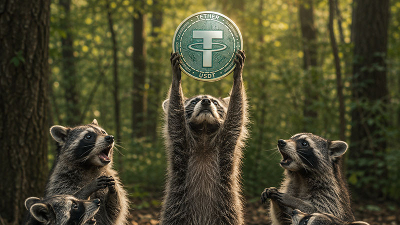 The raccoon raised the USDT coin while the others watched