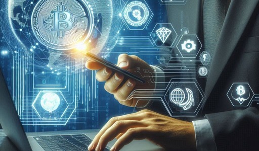 An image of a businessman paying for a domain with cryptocurrency on a laptop, with cryptocurrency symbols and a globe next to it, with the words «Fast, Safe, Global, realistic».